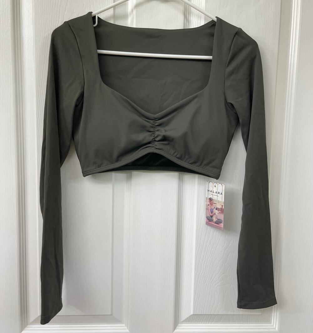 Halara large NWT olive green sweetheart neck ruched front crop long sleeve top